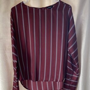 Express Burgundy and White Vertical Stripe Long-Sleeve Blouse